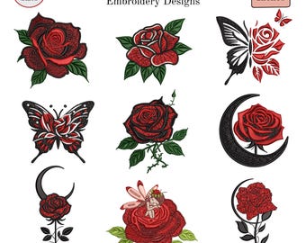 Gothic Rose Embroidery Designs Bundle, Dark Red Rose Machine Embroidery Pack, Butterfly Moon Tattoo Pattern, Instant Download Pes Dst Files