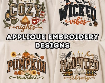 Halloween Fall Sweatshirt Applique Embroidery Set, 4 Varsity Design Bundle, Ghost Pumpkin Cozy Winter, Multiple Sizes Machine File