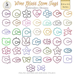 Könnte beinhalten: Eine Sammlung von Stickmustern für Weinglas-Stielanhänger. Die Designs umfassen verschiedene Formen wie Blumen, Herzen und Sterne. Die Anhänger sind in 5 Größen von 8,89 bis 13,97 cm erhältlich.