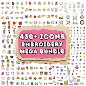 May include: A digital collection of over 430 colorful embroidery icons featuring diverse themes like animals, food, nature, and sports. A central pink paper-style label displays the text 430+ ICONS EMBROIDERY MEGA BUNDLE in bold letters.