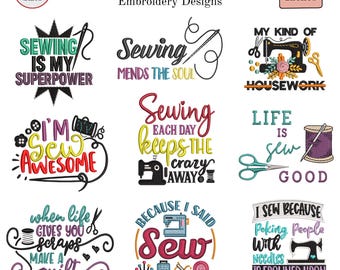 Sewing Quote Embroidery Designs Bundle, Funny Sewing Saying Machine Embroidery Pack, Quilting Word Art, Instant Download Pes Dst Files