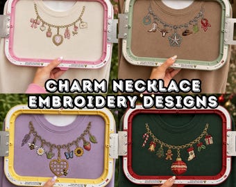 チャームネックレス刺繍デザインバンドル、4つのマシンファイル、クリスマスウエスタンコケットガーデンチェーン、スウェットシャツネックライン、PES DSTダウンロード