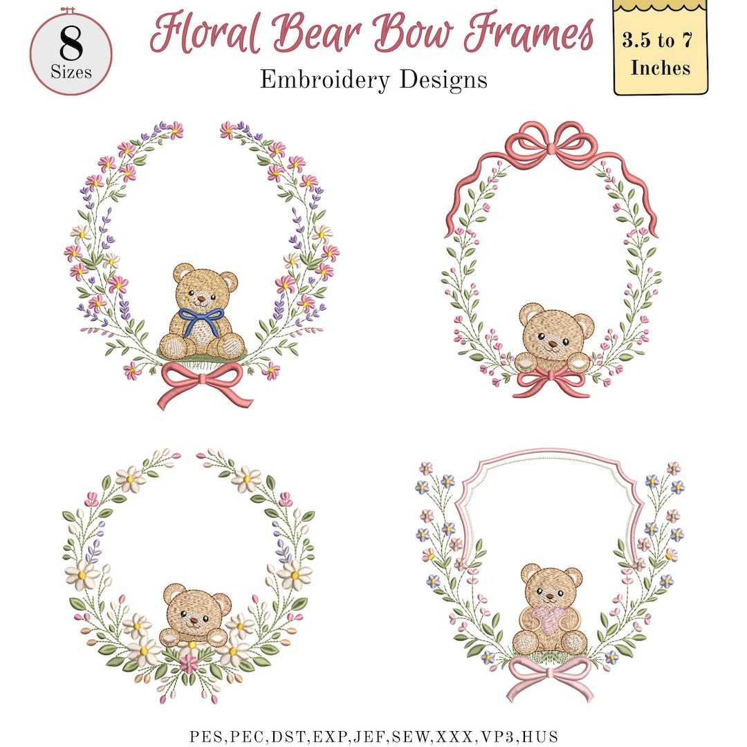 Floral Teddy Bear Frames Embroidery Design, Coquette Bow Baby Frame ...