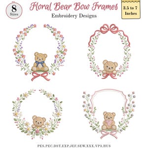 Puede incluir: Diseños de bordado Floral Bear Bow Frames. La imagen muestra cuatro diseños de bordado con osos de peluche dentro de coronas florales y lazos. Los diseños varían de 8,89 a 17,78 cm. Los diseños son de varias formas, incluyendo ovalada y escudo.
