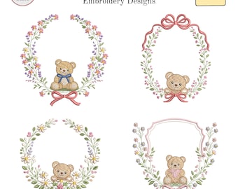 Floral Teddy Bear Frames Embroidery Design, Coquette Bow Baby Frame, Cute Bear Wreath, Monogram Frame, Nursery, 8 Sizes, Instant Download
