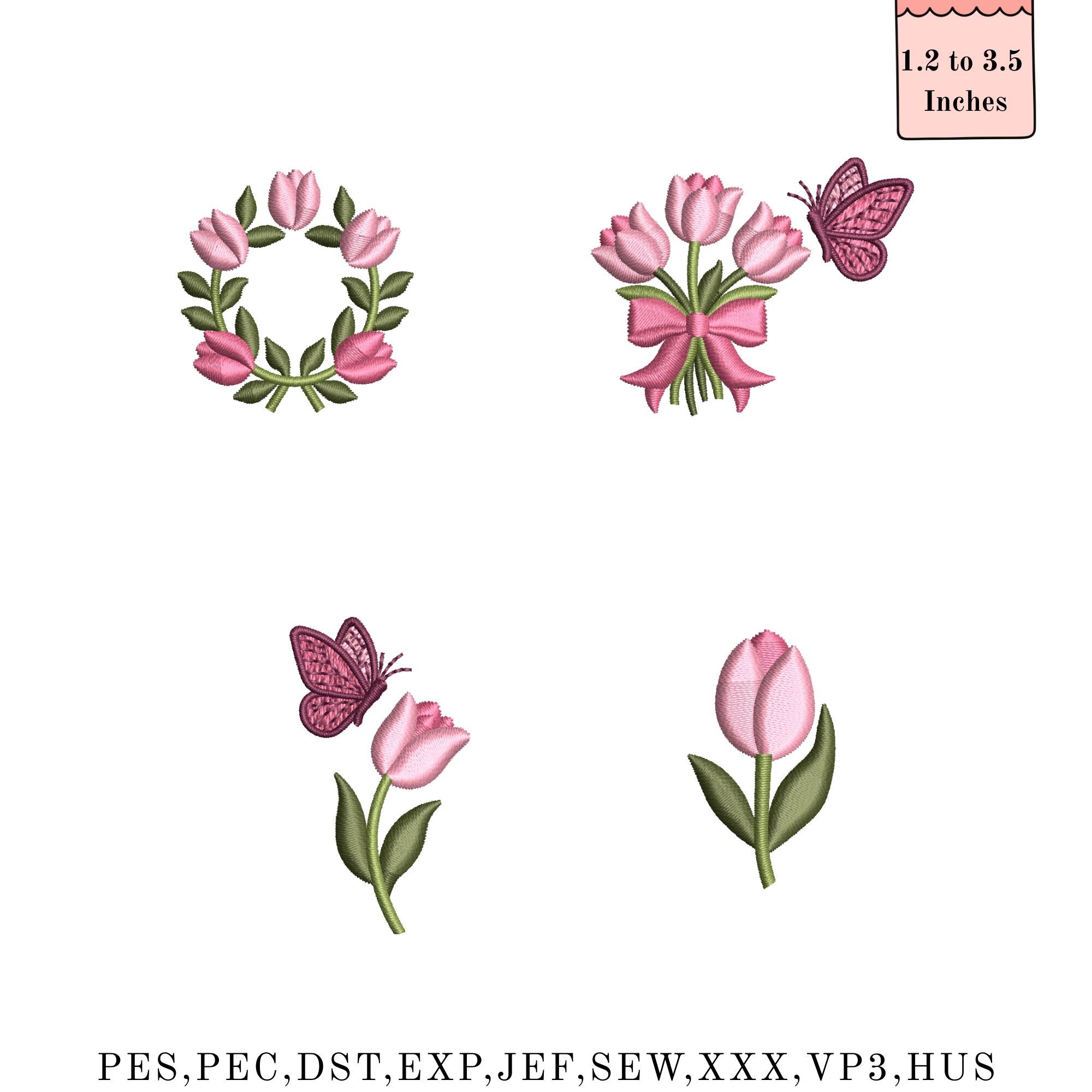 Tulip Embroidery Machine Design, Pink Tulip Bouquet With Bow, Spring ...
