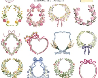 Floral Monogram Frame Embroidery Machine Designs, Oval Pearl Borders, Vintage Bow Wreath, Flower Heart Frame, 10 Sizes, Instant Download