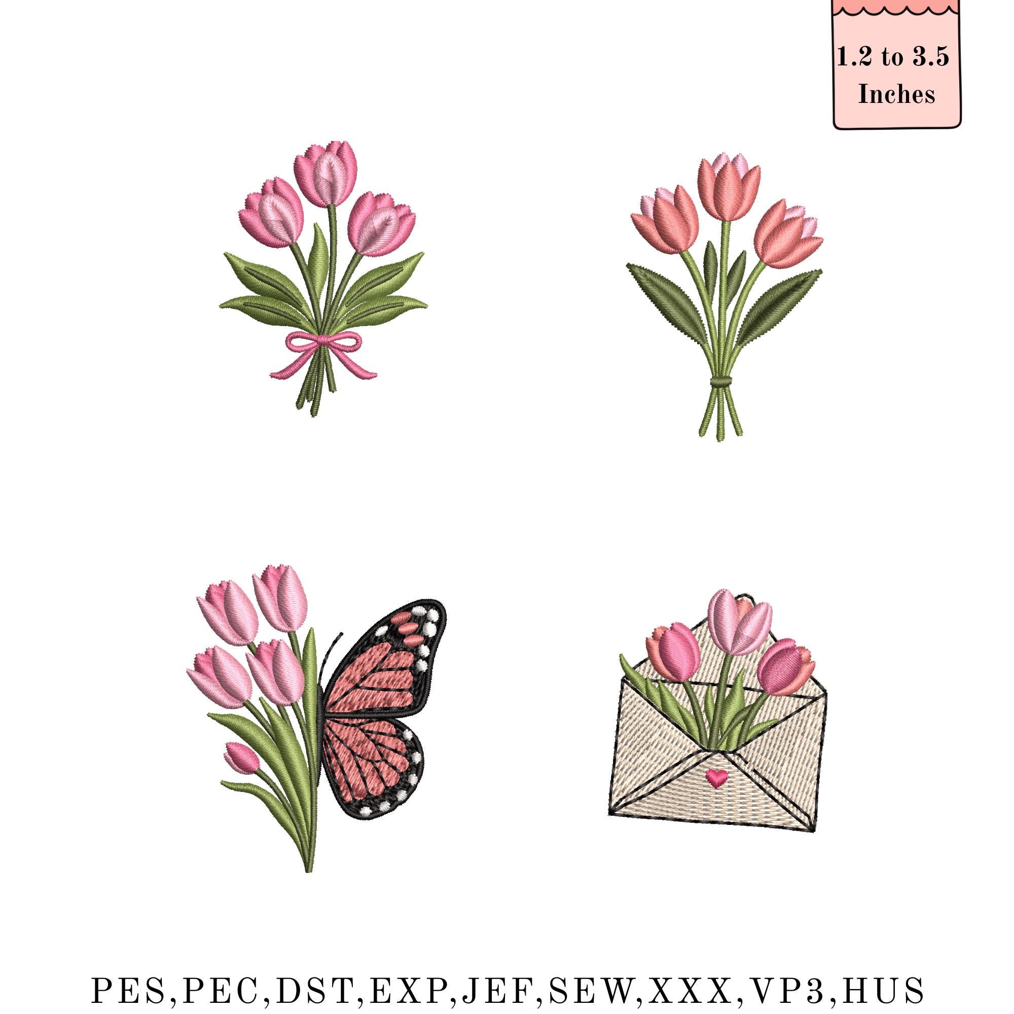 Tulip Embroidery Machine Design, Pink Tulip Bouquet With Bow, Spring ...