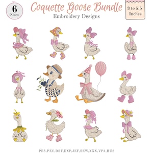 Pode incluir: Uma coleção de designs de bordados de gansos caprichosos. A imagem apresenta doze designs de gansos diferentes, cada um adornado com vários acessórios como chapéus, laços e botas. O texto diz "Coquette Goose Bundle" e "Embroidery Designs". Os tamanhos variam de 7.6 a 14 cm.
