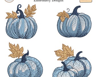Pacchetto di disegni per ricamo di zucche blu, disegni autunnali a riempimento schizzo, autunno costiero per il Ringraziamento, asciugamano da cucina e felpa, ricamo a macchina