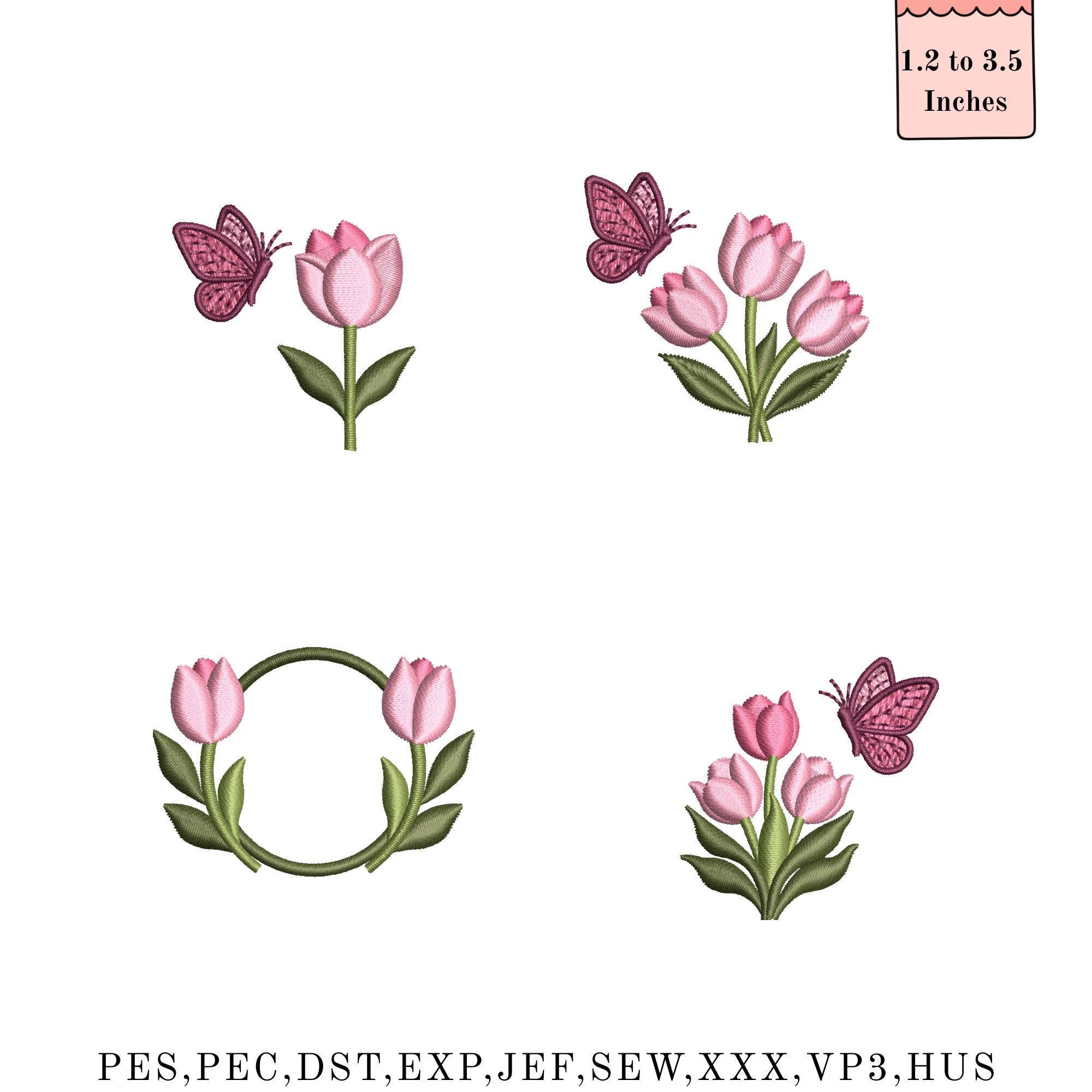 Tulip Embroidery Machine Design, Pink Tulip Bouquet With Bow, Spring ...