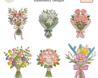 Floral Bouquet Embroidery Designs, Rose Lily Wildflower Wrapped Bouquets, Romantic Spring Flower Arrangements, 8 Sizes, Instant Download