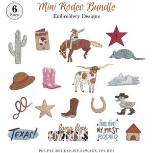 May include: A set of embroidery designs with a rodeo theme. Features a cowboy on a horse, a cactus, a star, a cowboy boot, a horseshoe, and text that says "Texas!" and "This ain't my first rodeo."