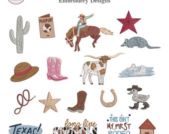 Mini Rodeo Embroidery Bundle, 20 Texas Western Cowgirl Machine Designs, Longhorn Cowboy Boot Cactus, 6 sizes, PES DST VP3 Instant Download