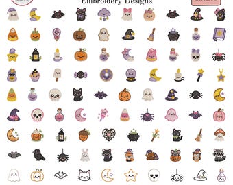 Mini Halloween Machine Embroidery Designs, Cute Kawaii Spooky Bundle, Ghost Pumpkin Bat Cat, 6 Sizes, PES DST JEF etc. Instant Download