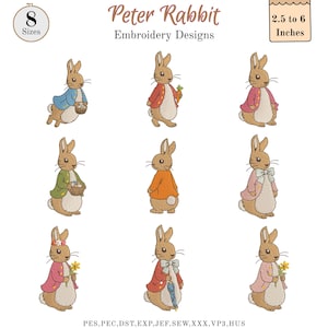 May include: Nine embroidery designs of Peter Rabbit in different outfits. The designs include Peter Rabbit holding a basket, carrot, and umbrella. The designs are 6.35 to 15.24 cm in size.