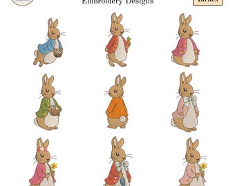 Rabbit Embroidery Machine Designs, Vintage Bunny, Easter Rabbit with Basket Carrot Flower Umbrella, Woodland,  Size, Instant Download