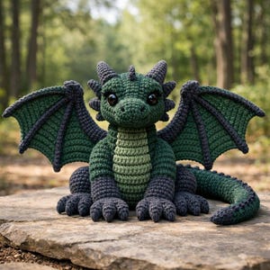 May include: A handmade crochet dragon in shades of green and gray. The dragon has large, dark eyes, small horns, and detailed wings. It is sitting on a stone surface, with a blurred forest background. The dragon is approximately 12 inches long.
