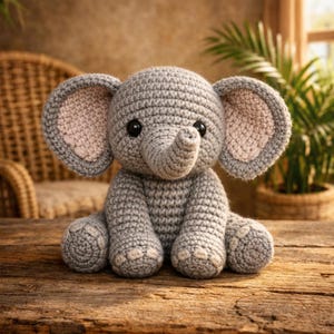 May include: A handmade gray crochet elephant with large ears and a trunk. The elephant has black eyes and is sitting on a wooden surface. The ears have a pink interior.