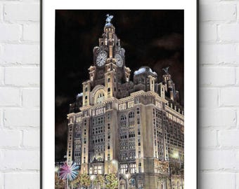Liverpool Art print: Light night, Royal Liver Buildings, Liverpool