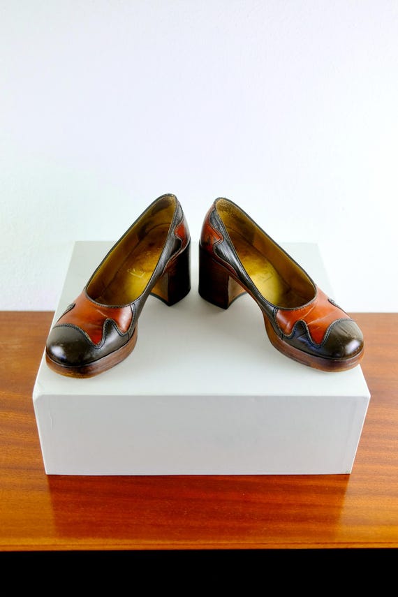 Leather Patchwork Wooden Platform 1970s Heels - image 2