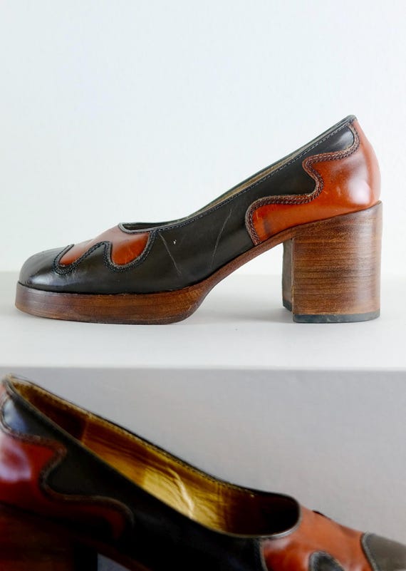 Leather Patchwork Wooden Platform 1970s Heels - image 3