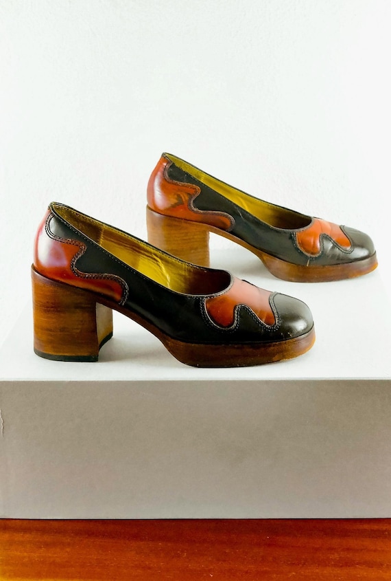 Leather Patchwork Wooden Platform 1970s Heels - image 1