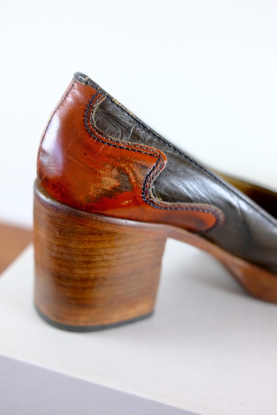 Leather Patchwork Wooden Platform 1970s Heels - image 5