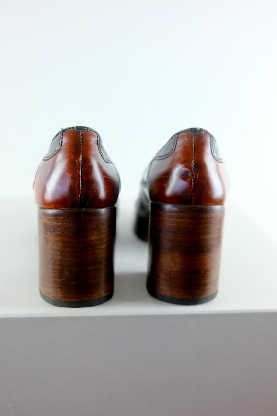 Leather Patchwork Wooden Platform 1970s Heels - image 4