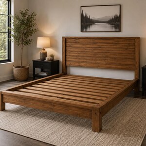 May include: A platform bed frame constructed from medium-toned brown wood, featuring a tall rectangular headboard with horizontal slats and a matching slatted base. The frame is supported by four sturdy corner legs, showcasing a natural wood grain finish.
