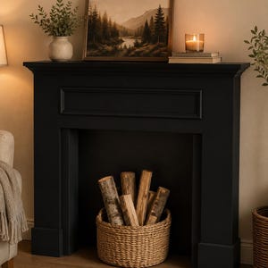 Puede incluir: Una repisa de chimenea negra mate con un diseño de marco rectangular. Encima hay un cuadro de paisaje con bosque y montañas, un pequeño jarrón beige con follaje verde y un portavelas de cristal sobre dos libros apilados.