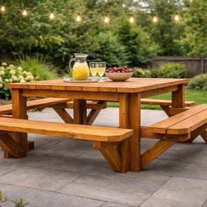 Puede incluir: Una mesa de picnic de madera con bancos adjuntos, colocada al aire libre en un patio. La mesa es de madera marrón claro y tiene una parte superior cuadrada. Una jarra de limonada, vasos y un cuenco de bayas están sobre la mesa.