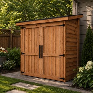 May include: A wooden storage shed with a slanted roof and double doors. The shed is constructed from light brown wood and features black hardware, including hinges and door handles. It is set in a garden with green grass and plants.