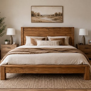 May include: A wooden bed frame with a tall headboard, dressed in a white duvet and a brown throw blanket. The bed is flanked by two wooden nightstands, each topped with a lamp. A landscape painting hangs on the wall above the headboard.