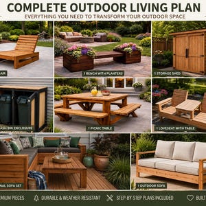 May include: A collection of eight outdoor furniture plans including a lounge chair, bench with planters, storage shed, double trash bin enclosure, picnic table, loveseat with table, sectional sofa set, and an outdoor sofa with beige cushions.