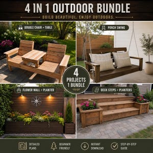 Puede incluir: Un paquete de exterior 4 en 1 con planos detallados para una silla doble con mesa, un columpio de porche con dos cojines, una pared de flores con jardinera y escalones de terraza con jardineras. El texto dice 4 IN 1 OUTDOOR BUNDLE, BUILD BEAUTIFUL.