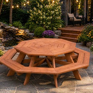 May include: An octagonal wooden picnic table with attached benches. The table and benches are made of reddish-brown wood and are set on a stone patio. The table is surrounded by greenery and a small waterfall.