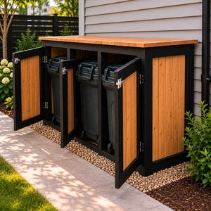 Puede incluir: Unidad de almacenamiento de madera para botes de basura con tres compartimentos. La unidad tiene un marco negro, puertas y tapa de madera natural, diseñada para ocultar los botes de basura. Las puertas están abiertas, revelando botes de basura verdes. La unidad está en un patio de piedra.