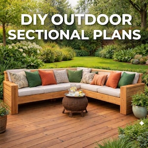 May include: DIY Outdoor Sectional Plans text over an outdoor scene. A wooden sectional sofa with beige cushions and colorful throw pillows sits on a wooden deck. A small round table holds a tray of drinks.