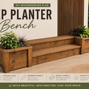 May include: A DIY woodworking plan for a step planter bench, featuring a digital PDF download icon. The image displays a brown wooden bench with integrated planters on both ends, filled with green plants, against a light wall and wood slats.