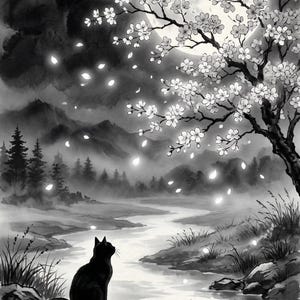 以下が含まれることがあります： 黒と白のイラストで、岩の上に座って川を見つめる黒猫が描かれた穏やかな風景。満月が、花びらが舞い散る咲き誇る木の後ろに輝いています。山々と霧のかかった雰囲気が、このシーンを完成させています。