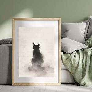 Stampa artistica con inchiostro di gatto nero | Arte murale Sumi-e con gatto nebbioso | Download digitale Zen giapponese | Stampa minimalista Wabi-Sabi | Nebbia Oboro