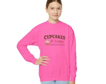 Cupcakes for Breakfast Youth Crewneck Sweatshirt | pink cupcake graphic