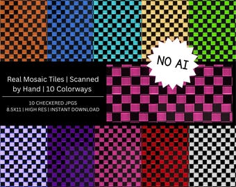 Checkered Mosaic Digital Paper Pack | Real Tiles, 10 Colorways (Instant Download)