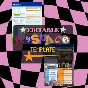 Può includere: Un'immagine con un design di modello MySpace con il testo "EDITABLE MySpace TEMPLATE". Il design include un layout del profilo MySpace con sezioni per le informazioni del profilo e gli elenchi degli amici, su uno sfondo a scacchi rosa e nero.