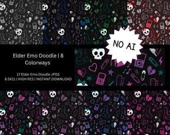 Emo Doodle Digital Scrapbook Paper Pack | 8 Colorways | Junk Journal | Instant Download