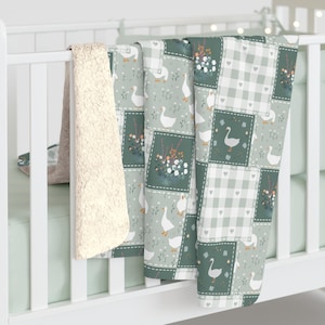 Goose Lover Green Patchwork Sherpa Blanket | Cottagecore Green Throw