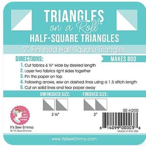 May include: A teal and white product label for "Triangles on a Roll" half-square triangles. The label includes instructions, diagrams, and measurements. The finished size is 2 inches.