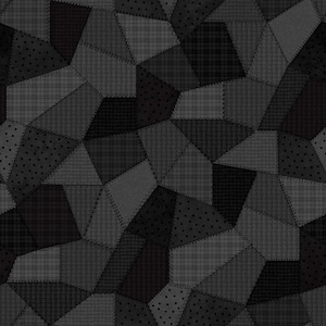 May include: A seamless fabric pattern featuring a dark gray and black patchwork design. The textile consists of irregular geometric shapes joined by visible stitching, with alternating textures including solid, polka dot, and plaid patterns.