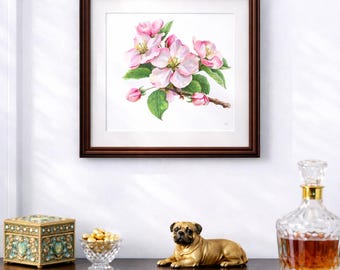 Acuarela original de flor de manzano - Arte mural botánico rosa - Lámina floral cuadrada - Delicada pintura de flores primaverales, decoración estilo cabaña